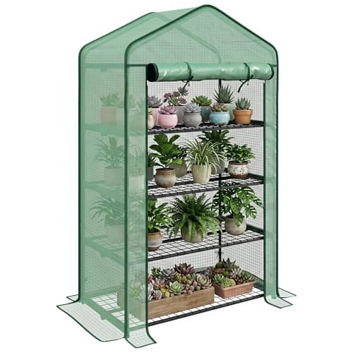 Image of Outsunny 4 Tier Widened Mini Greenhouse with Reinforced PE Cover, Portable Indoor Outdoor Green House with Roll-up Door and Wire Shelves, 90 x 49 x 160cm, Green
