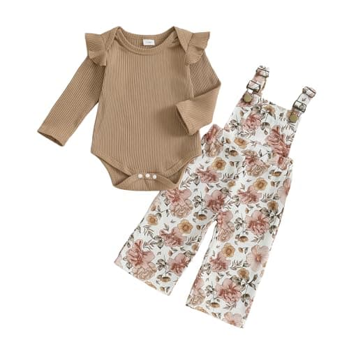 Image of XIXIMAON Infant Baby Girl Outfits Solid Color Long Sleeve Ribbed Bodysuits Floral Suspenders Trousers Newborn Autumn Clothes Girls Overalls Dungarees (Brown, 6-9 Months)