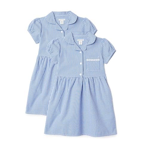 Image of Amazon Essentials Girls' Girls Gingham School Dress 2 Pack (UK), Light Blue Gingham, 12
