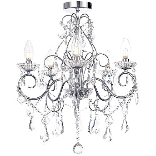 Image of Litecraft Vara Bathroom Chandelier Curved Arm Ceiling Light IP44 Rated Clear Crystal Pendant (Chrome & Clear, 5 Light)