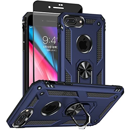 Image of Aozuoton for iphone 8 Plus Case, iphone 7 Plus Phone Case with HD Screen Protector, [Military Grade 16ft. Drop Tested] Ring Shockproof Protective Phone Case for iphone 8/7 Plus Blue