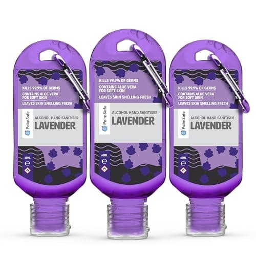 Image of Palm Safe Lavender 3 Pack 60ml Anti Bacterial Premium Hand Sanitiser Travel Size Refillable Clip Bottle Quick Drying Non Sticky Extra Moisturising Kills 99.9% of Viruses and Bacteria