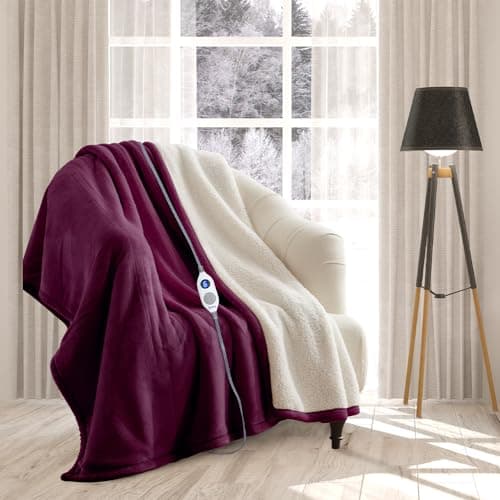 Image of rejuvopedic Electric Heated Blanket Throw Fleece Sherpa EXTRA LONG 180cms, (Plum) 6 Heat Settings, Auto Shut Off, Machine Washable