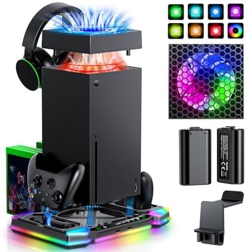 Image of RGB Peak Cooling Fan and Charging Station for Xbox Series X Console & Controller, Cooling System Stand for Xbox X Accessories with 2x 1400mAh Rechargeable Battery & Digital Camera Holder