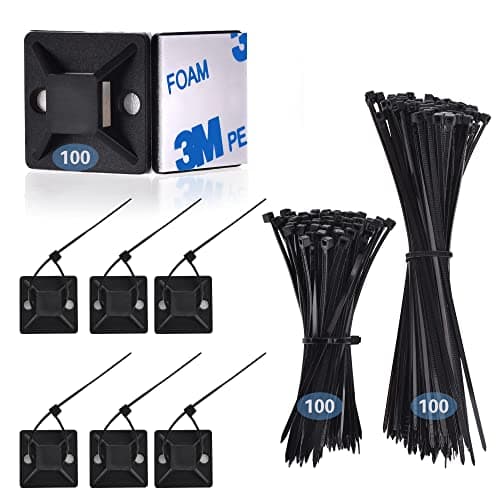 Image of 200 Pcs Cable Ties Black 100 Pcs Self Adhesive Wire Tie Mount Base Holders, Cable Clips with Strong Self Adhesive Pads ,Cable Management Set for Home 、 Office、Warehouse, (cable tie with base-001)