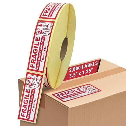 Image of Fragile Stickers for Packing Boxes 1 Roll of 2,000 Fragile Sticker 32x92mm (1.25x3.5 inches) - Parcel and Moving Stickers, Strong Adhesive Roll for Shipping Cartons, Luggage, Easy to Peel and Stick