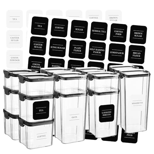 Image of Argon Tableware Food Storage Container Set with Labels - Black - Pack of 16 - (4 Sizes) - Clear Airtight Reusable Freezer Storage Meal Prep Container Lunch Tupperware Box with Clip-Lock Lid