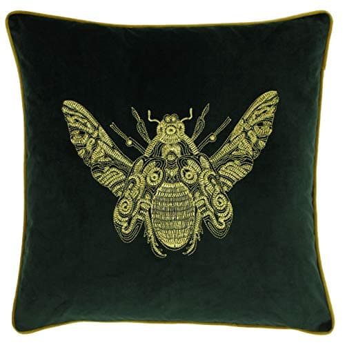 Image of Riva Paoletti Cerana Cushion Cover - Emerald Green - Super Soft Velvet Fabric - Embroidered Gold Bee Design - Gold Piped Edges - 100% Polyester - 50 x 50cm (20" x 20" inches)