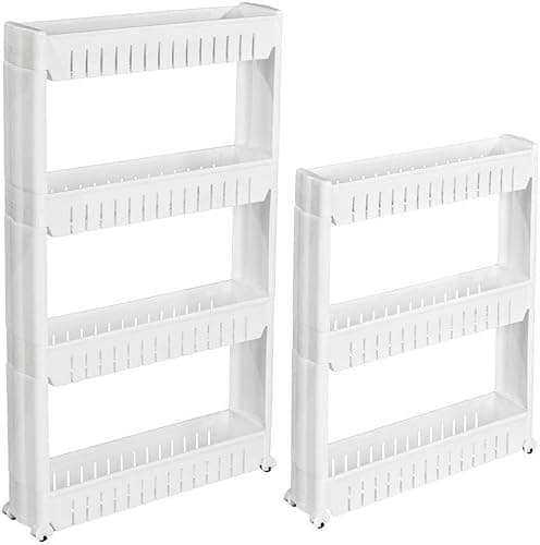 Image of HYGRAD Slim Kitchen Trolley With Wheels 3 Tier 4 Tier Kitchen Organiser Trolley Slide In Space Saving Bathroom Storage Cart With Caster Wheels White Or Grey (White, 4 Tier - 101cm high)