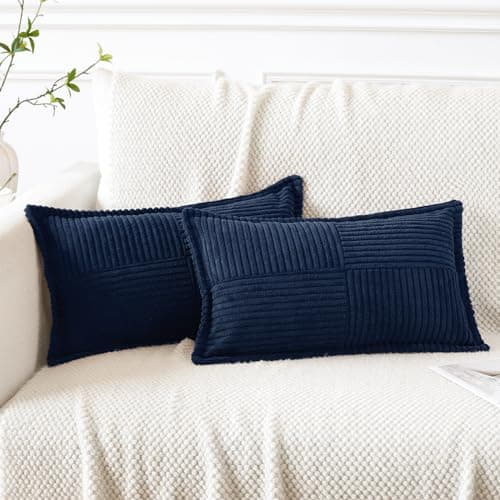 Image of Artscope Corduroy Cushion Covers Pack of 2 Modern Patchwork Throw Pillow Covers Soft Pillowcase Broadside Decorative Textured Cushions for Home decor Sofa Bedroom Couch Navy Blue 30x50cm