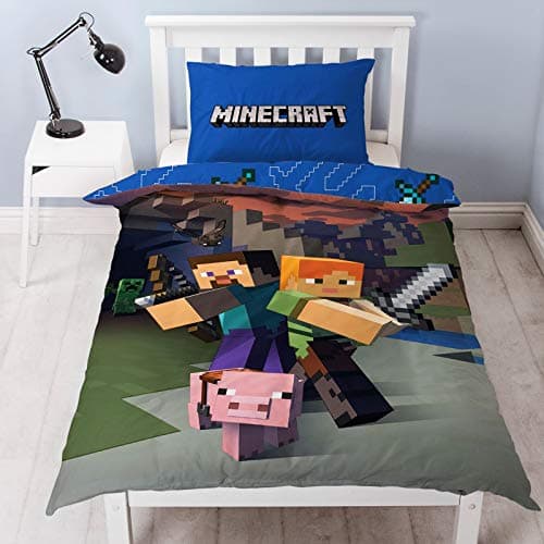 Image of Minecraft Reversible Single Duvet Cover Set, Polyester-Cotton, Blue