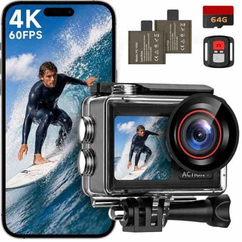 Image of syndesmos Action Camera 4K 60FPS, 40M Ultra HD Underwater Camera, 30MP EIS Anti-Shake WiFi Action Cam with Dual Touch Screen, 64GB Card, Remote Control, Waterproof Case and Mounting Accessories Kit