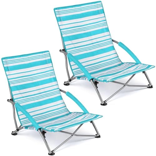Image of Trail Low Folding Beach Chair, Lightweight Portable Deck Sun Lounger Seat, Camping Festival Picnic Garden, Padded Armrests, Anti Sink Feet, Carry Bag with Strap (2 x Chairs)