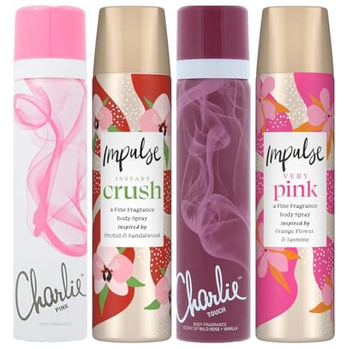 Image of Impulse & Charlie Body Spray Bundle Gift Set – 4 x 75ml Women’s Deodorant Body Spray Multipack, Very Pink, Instant Crush, Touch & Pink Fragrance, Long Lasting Fresh Scent, Travel Size Ladies Giftset
