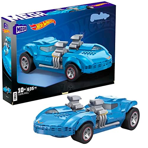 Image of MEGA Hot Wheels Vehicle Building Toys for Adults, Twin Mill Collectible Toy Car with 635 Pieces and 2 Removeable Engines, Gift Ideas for Collectors