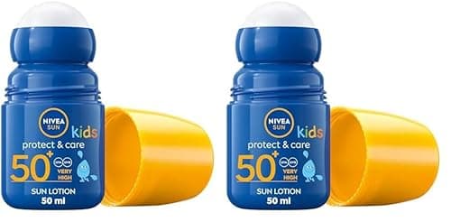 Image of NIVEA SUN Kids Protect & Care Caring Roll-On (50 ml) Sunscreen with SPF 50, Roll-On Kids Suncream for Delicate Skin, Immediately Protects Against Sun Exposure (Pack of 2)