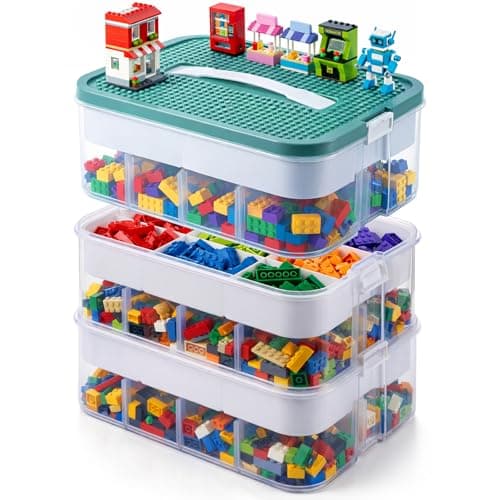 Image of BREEZENEST 3-Tier Lego Organiser with Lids Stackable Lego Storage Box with Adjustable Compartments White Minimalist Design for Building Bricks, 33x33x34cm (Transparent)