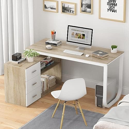 Image of PREMTURE Modern L-Shaped Computer Desk, Reversible Corner Desk with Adjustable Cabinet, Large Writing Desk with Wooden Desktop & Metal Leg for Home Office, Oak Wood & White, 60 D × 140 W × 75 H cm