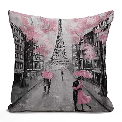 Image of Tomda Cushion Cover Oil Painting Paris European City Landscape France Eiffel Tower Black White and Pink Modern Couple Under Decorative Throw Pillow Cover Pillow Case Home Decor Square 45x45cm