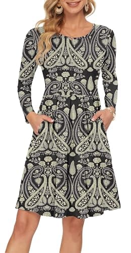 Image of AUSELILY Women's Long Sleeve Pleated Loose Swing Casual Dress with Pockets Knee Length Boho Floral Black S