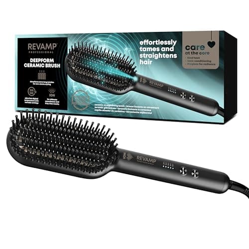 Image of REVAMP Progloss Deepform Hair Straightener Brush, Ceramic Heated Brush Styler with Smoothing Salon Professional Shine Oils - Hot Styling Brushes with Powerful Ion Jet for Fast Hair Straightening