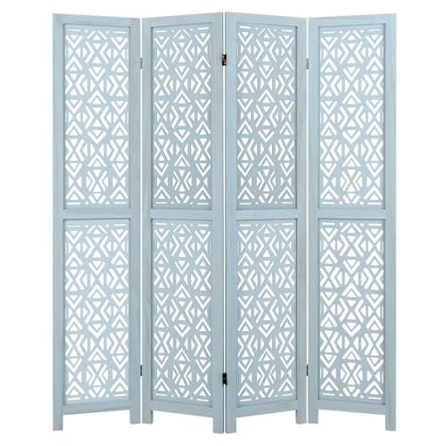 Image of COSTWAY 4 Panel Folding Room Divider, Solid Paulownia Wood Wall Privacy Screen Protector with Carved Pattern, Boho Freestanding Room Partition Paravent Separator for Living Room Bedroom, 140x165cm