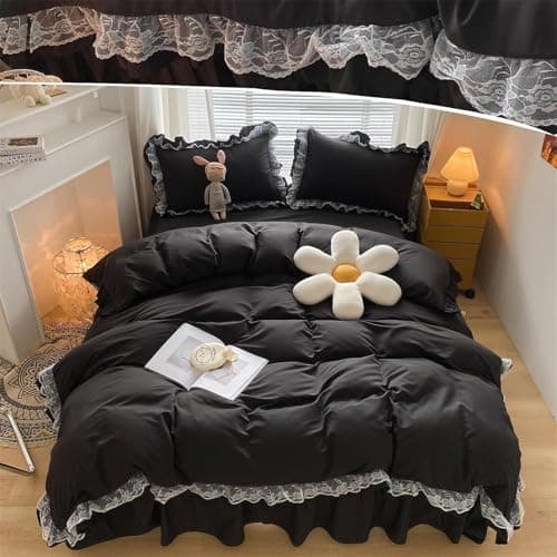 Image of Black White Ruffle Duvet Cover Sets 2 Pieces Lace Bedding Set with 1 Pillowcases Single Soft Breathable Microfiber Duvet Cover 135x200 cm