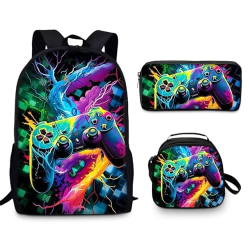 Image of Fakcrkun Gaming Backpack for Kids, 3 Pcs Gaming Themed School Backpack Set with Lunch Bag & Pencil Case, Large Capacity School Bag Waterproof Lightweight Laptop Backpacks for Teenagers & Students