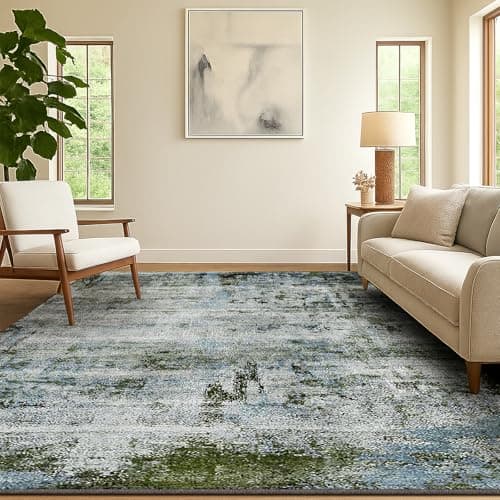 Image of SOANNY Living Room Rug, 120x170 cm Modern Abstract Low Pile Area Carpet, Non-Slip Washable Mat for Bedroom, Hallway, Kitchen, Laundry, Entryway, Utility, Beside Sofa, Office, Moss Green