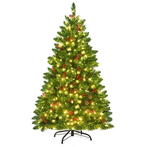 Image of COSTWAY 4.5FT/5FT Pre-Lit Artificial Christmas Tree, Hinged Xmas Tree with Branch Tips, LED lights, Pine Cones & Red Berries, Christmas Decor for Holiday Home Office (Warm White Lights, 135 cm)