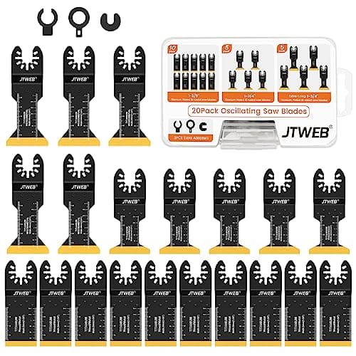 Image of JTWEB 20PCS Titanium Oscillating Saw Blades Metal Cutting, Multitool Blades 3 Types Multi Tool Blades Kits Wood and Metal Nail Plastic Oscillating Tool Blade Fit Dewalt Milwaukee Makita Bosch Rockwell