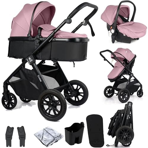 Image of For Your Little One Cruise 3-in-1 Travel System with i-Size Car Seat, Stroller with Carrycot, 13kg Pram, Height Adjustable Handle, Pram, Newborn 0-4 Years Free Raincover and Cupholder (Blush Rose)