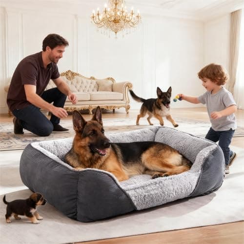 Image of JOEJOY Extra Large Dog Sofa Bed, Waterproof Lamb Fleece PP Cotton XL Dog Bed With Nonskid Bottom, Washable Grey Dog Bed For Large Labrador, German Shepherd, 89x64x23cm