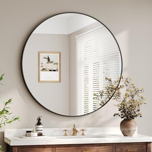 Image of Dripex 80cm Round Wall Mirror, Aluminum Frame Tempered Glass Circle Mirror, Large Decorative Hanging Vanity Mirror for Bathroom, Hallway, Living Room & Bedroom, Black
