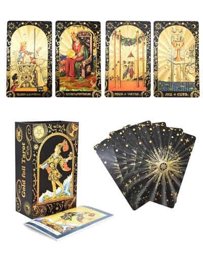 Image of YIMINGOUFEI Tarot Cards for Beginners with Guide Book, 78 Gold Foil Tarot Deck, Black and Gold Design, Classic Major & Minor Arcana, Storage Box, Gift Set
