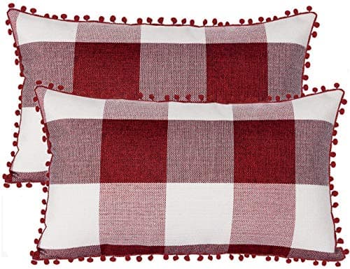 Image of ORANIFUL Buffalo Check Cushion Covers 30 x 50 Set of 2 Linen Decorative Square Pom Poms Tartan Throw Lumbar Pillow Case for Sofa Couch Bed Home Decor Car 12x20 Inches (Red & White)