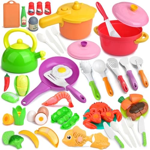 Image of Kids Kitchen Playset, 66PCS Toddler Pretend Cooking Toys with Pots and Pans, Play Food, Utensils,Cookware, Play Food Set,Cutting Toys Fruit Veges,Educational Role Play Set for Kids Boys Girls (Pink)