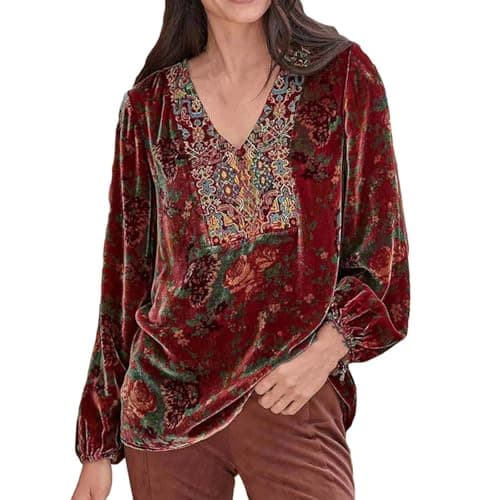 Image of Womens p𝐚rty Top Womens V Neck Floral Print Velvet Shirt Casual Long Sleeve Top Blouse Oversized Boho Embroidered Tunic Shirts Womens Long T Shirt (Red, S)