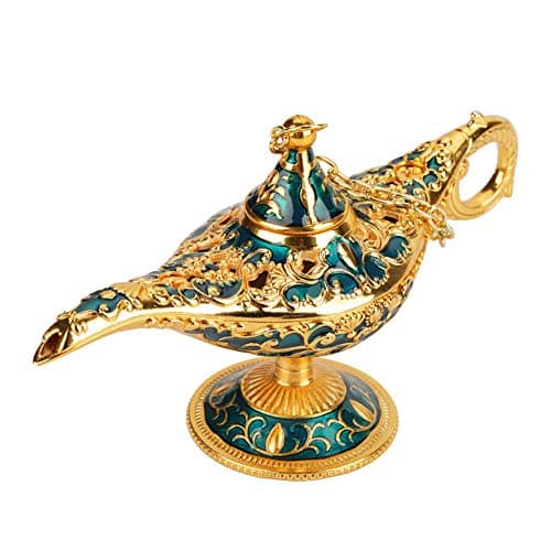 Image of LetCart Miracle Lamp, 3D Relief Aladdin Magic Wish Lamp, Aladdin Lamp, Genie Lamp, Hollow Metal Incense Burner with Exquisite Handle, Vintage Home Decor Collectible (Gold Lace Blue, 12x4.5x6.5cm)