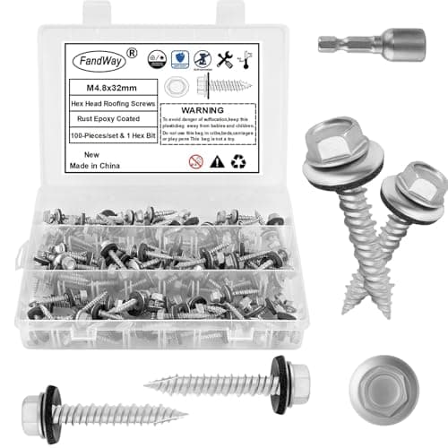 Image of FandWay M4.8x32mm Self-Drilling Roofing Screws,100pcs Hex Head Sheet Metal Tek Screws,Rust Epoxy Coated Self Tapping Wood Siding Screw With EPDM Washer and Hex Drive for Corrugated Roofing.