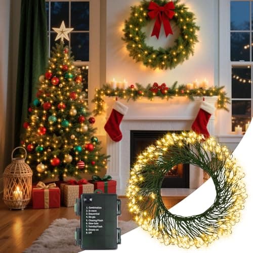 Image of CCILAND Cluster Fairy Lights Battery, 3M 200 LED Christmas Lights with Timer 8 Modes, Dark Green Copper Wire Firecracker String Light for Xmas Tree Garland Decor (Warm White)