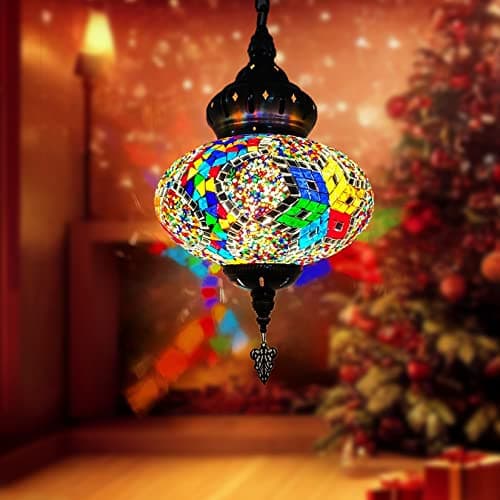 Image of Errzom 12 Colors Turkish Moroccan Pendant Hanging Light with 31'' Cord, Tiffany Style Mosaic Hanging Ceiling Lamp, Handmade Mosaic Hanging Light Ceiling Lamp(10" Diameter),color D