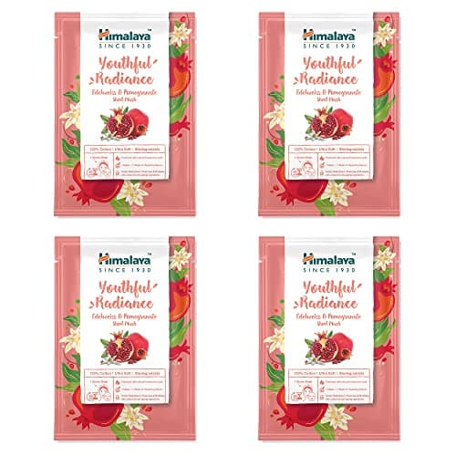 Image of Himalaya Youth Radiance Edelweiss & Pomegranate Face Sheet Masks, Single Use Cotton Facial Sheet Mask Antioxidant Rich to Rejuvenate and Revitalize Skin | with Hyaluronic Acid, Count of 4