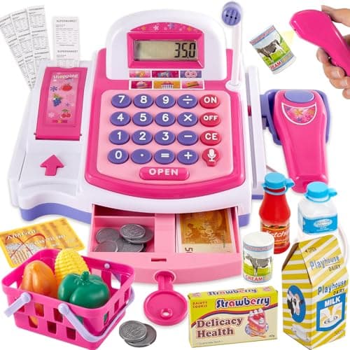 Image of BUYGER Children's Cash Register Toy Cash Register with Receipt Printer, Scanner Microphone, Shopping Shop Accessories, Supermarket Role Play, Gifts for Children from 3 + Years