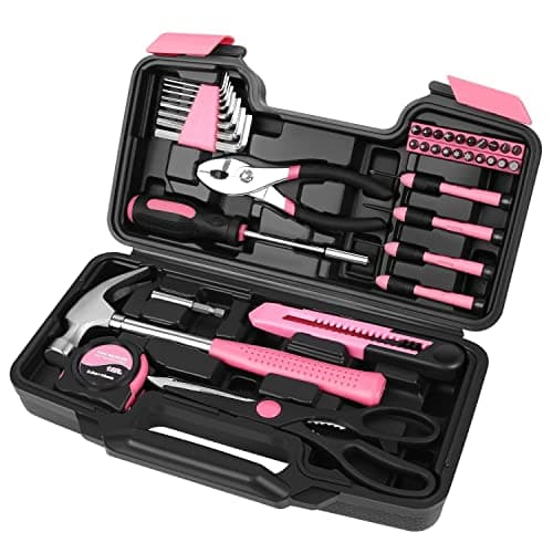 Image of Flexzion 39 Piece Hand Tool Kits with Case - Compact Tool Kit for Handyman, Homeowners DIY - Household Tool Kit for Home with Portable Basic Tool Set Case, Pink