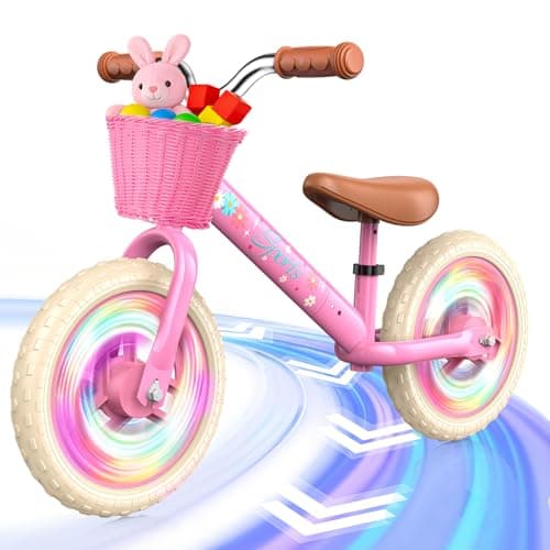 Image of HappyGoLucky 12" Kids Balance Bike 2-5 Year Old Girls Gifts Toys, Outdoor Toys Garden Training Bike, Adjustable Seat 12.6in-17.1in & Handlebars, Carbon Steel Frame, Removable Pink Basket, LED Wheels