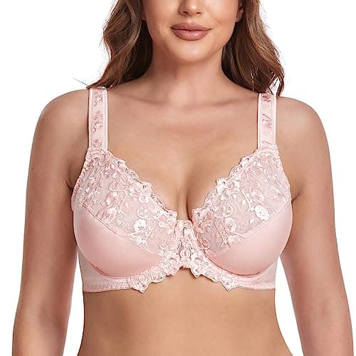 Image of Ayigedu Women's Full Coverage Minimiser Bra Floral Lace Non Padded Plus Size Underwired Bra 34DD Pink
