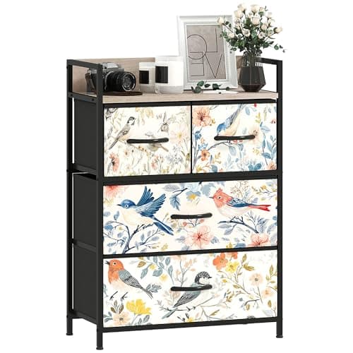 Image of HOMCOM Bedroom Chest of Drawers, Fabric Dresser with 4 Drawers, Open Shelf and Steel Frame for Living Room, Hallway, White