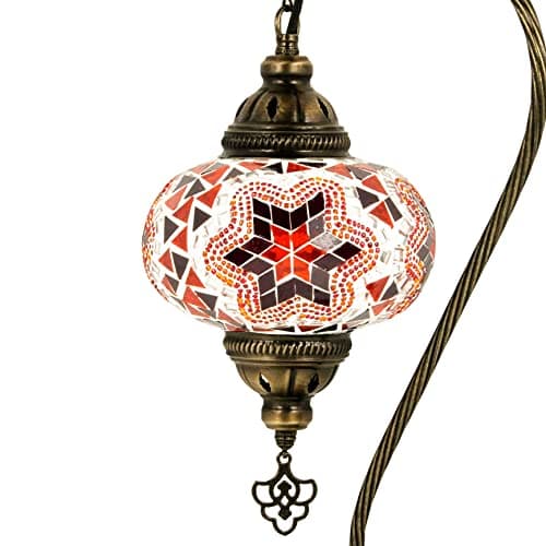 Image of MOSLAND HOME 5 Variation Turkish Lamp Mosaic Table Lamps | Turkish Moroccan Lamp with Bronze Base | Handmade Swan Neck Tiffany Night Lamp | Mosaic Glass Bedside Night Lamp with Led Bulb (Red Orange)