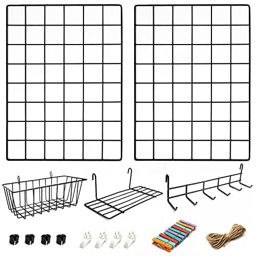 Image of 2 Pack Wire Wall Grid Panel With Accessories | Includes Hanging Basket, Shelf & Hook Rack | Complete Set | Wire Notice Board | Hanging Home, Office & Kitchen Décor | Photo Board | Metal & Black